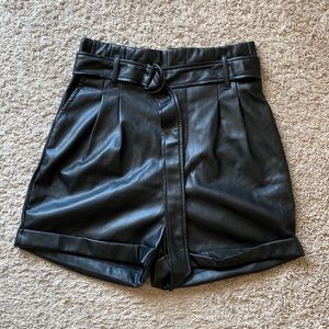Faux leather belted shorts